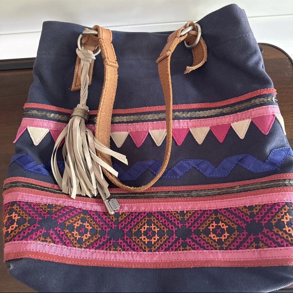 Vintage Fossil Jesse Tote Hobo Y2K Leather Straps Tassel With Key Multicolored - Picture 7 of 7